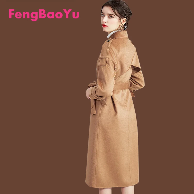 

Fengbaoyu Double-sided Cashmere Coat New Camel Color Water Ripple European and American High-end Long Autumn Winter Wool Coat