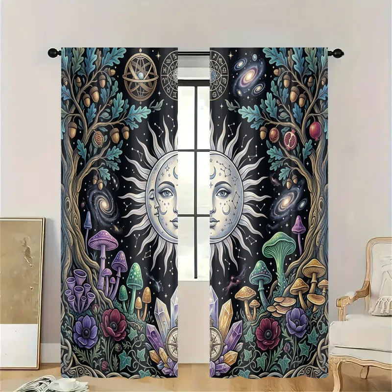 Mystic Celestial Astrology Curtain Cosmic Galaxy Mushroom Zodiac Tarot Steampunk Window Shower Curtain Boho Bohemian Home Decor