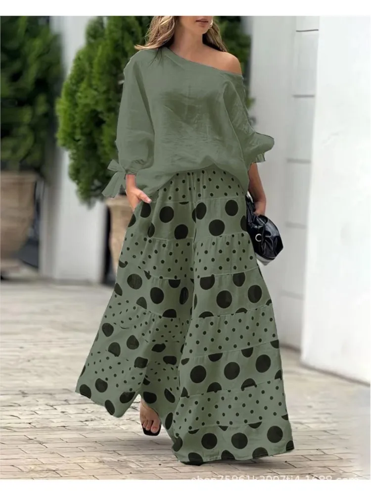 Autumn Elegant Fashion Print Women\'s Suit Two-piece Casual One-Neck Off-Shoulder Long-Sleeve Solid Color Top Loose Culottes Suit