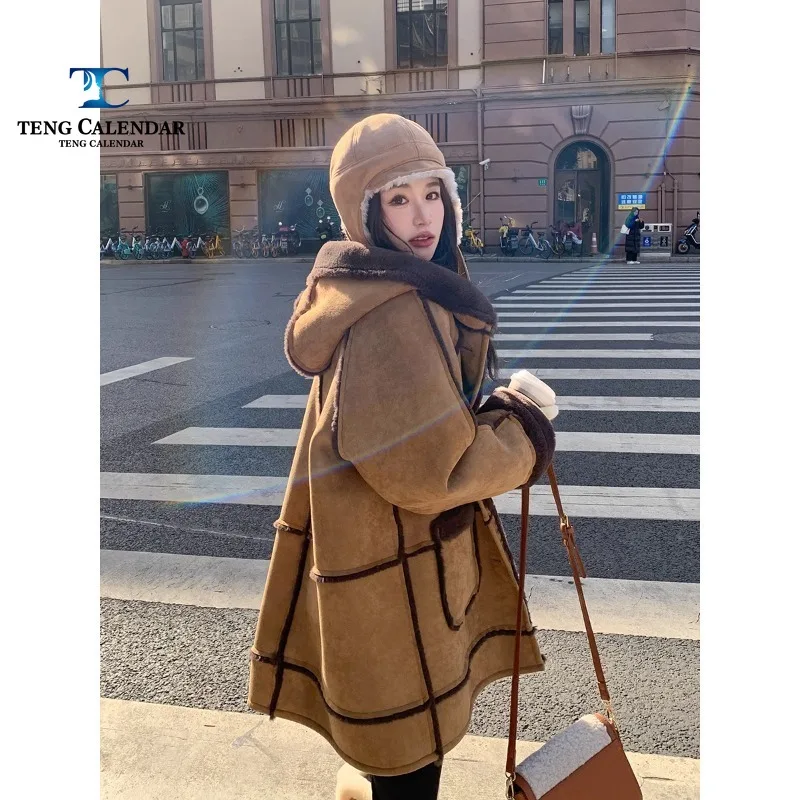 Artificial Suede Coat, Maillard Color Added Velvet and Thickened Hooded Fur Integrated Coat, Women's Winter 2024 New Model