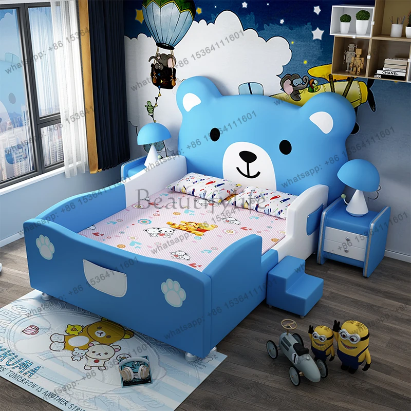 X4  Creative Cartoon Bear Children's Bed Modern Simple Princess Bed Solid Wood 1.5m Single Bed With Guardrail Cama Furniture Ho