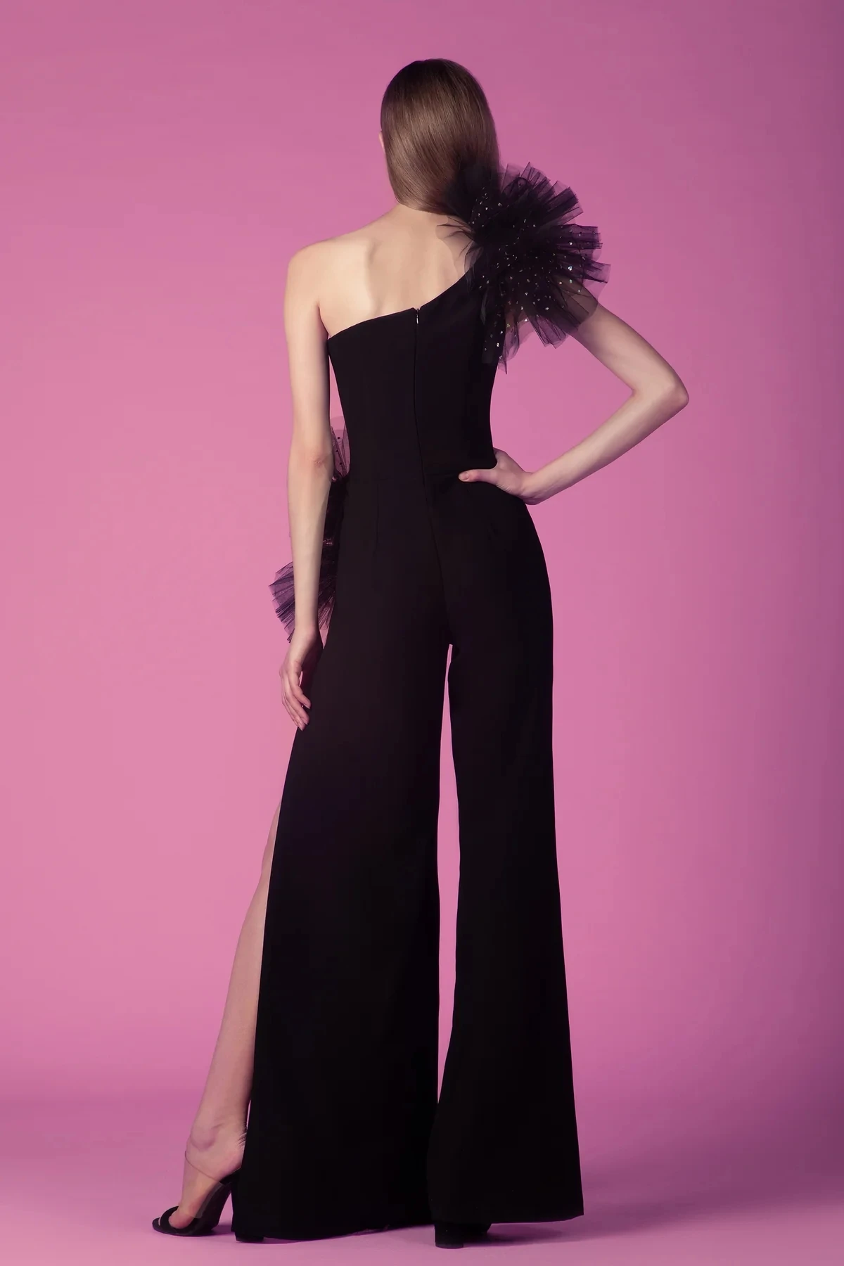 Trendy Black One Shoulder Formal Jumpsuit Women Evening Gown Ruffled Tulle Stretch Deep Slit Ladies Party Jumpsuits Custom Made