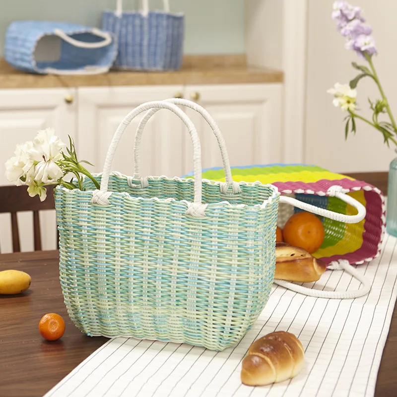 Faux Rattan Storage Handy Basket Color Tube Brown Outdoor Outing Picnic Basket Plastic Woven Storage Blue