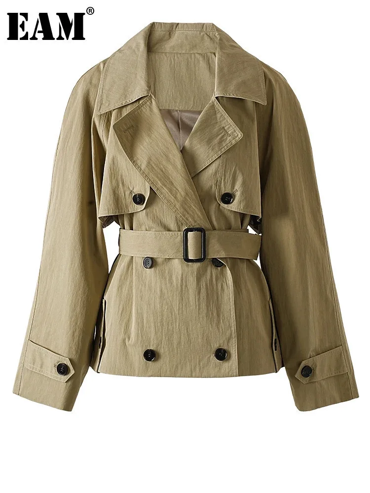 

[EAM] Женский хаки с поясом, большой размер, повседневный короткий плащ, новый ветровка с лацканами и длинными рукавами, модная ветровка, весна-осень 2024, CPG1201