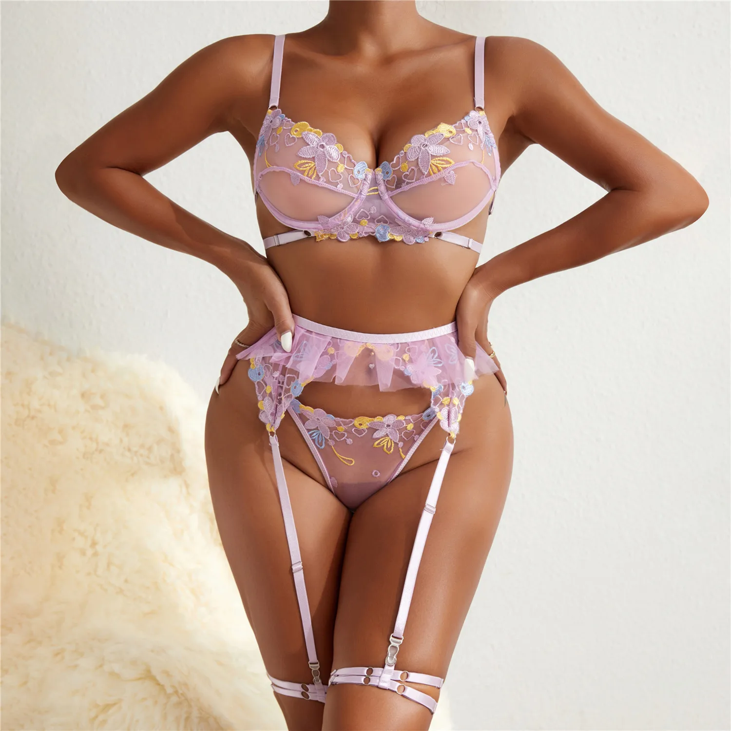 

European and American cross-border best-selling exquisite flower embroidery bra with steel ring garter sexy lingerie set new pro