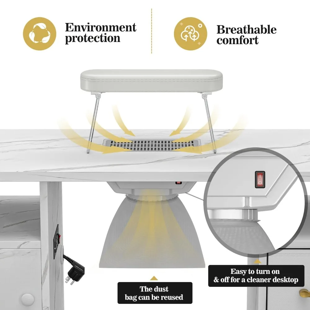 محطة أظافر طاولة مانيكير مع محطة شحن، محطة طاولة أظافر ذات نسيج رخامي لتقنية الأظافر مع مجمع غبار، طاقة O