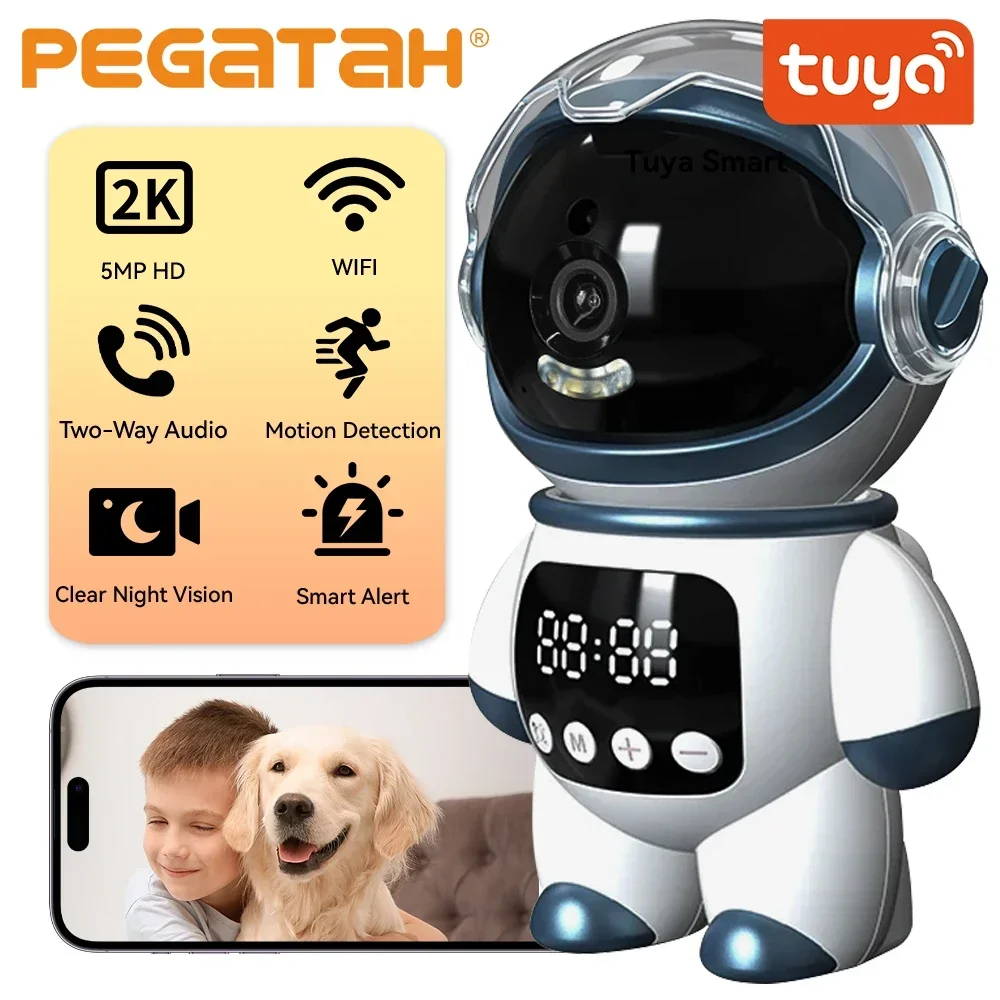 Telecamera IP PTZ Wireless Tuya Smart Astronaut 5MP WiFi, Robot Monitor per Bambini da Interno con Audio Bidirezionale e Rilevamento Movimento