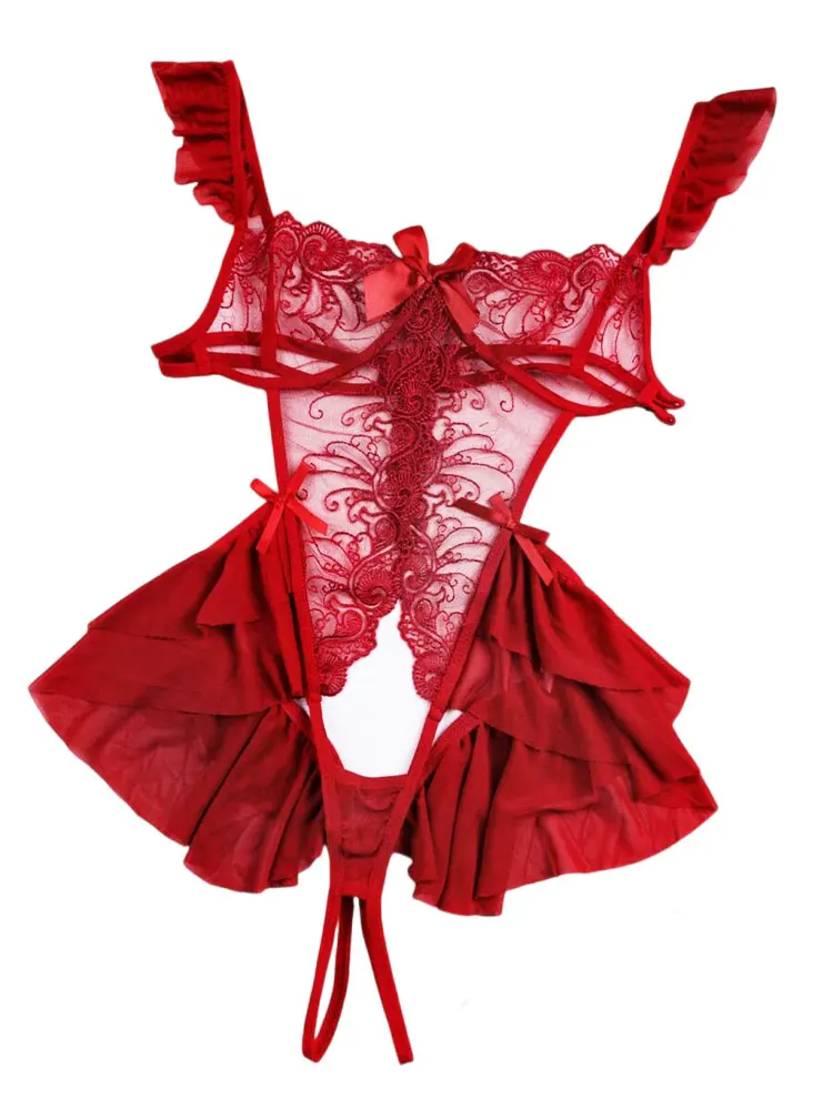 

Women Deep V Sexy Lingerie Lace Teddy One Piece Babydoll Mini Bodysuit
