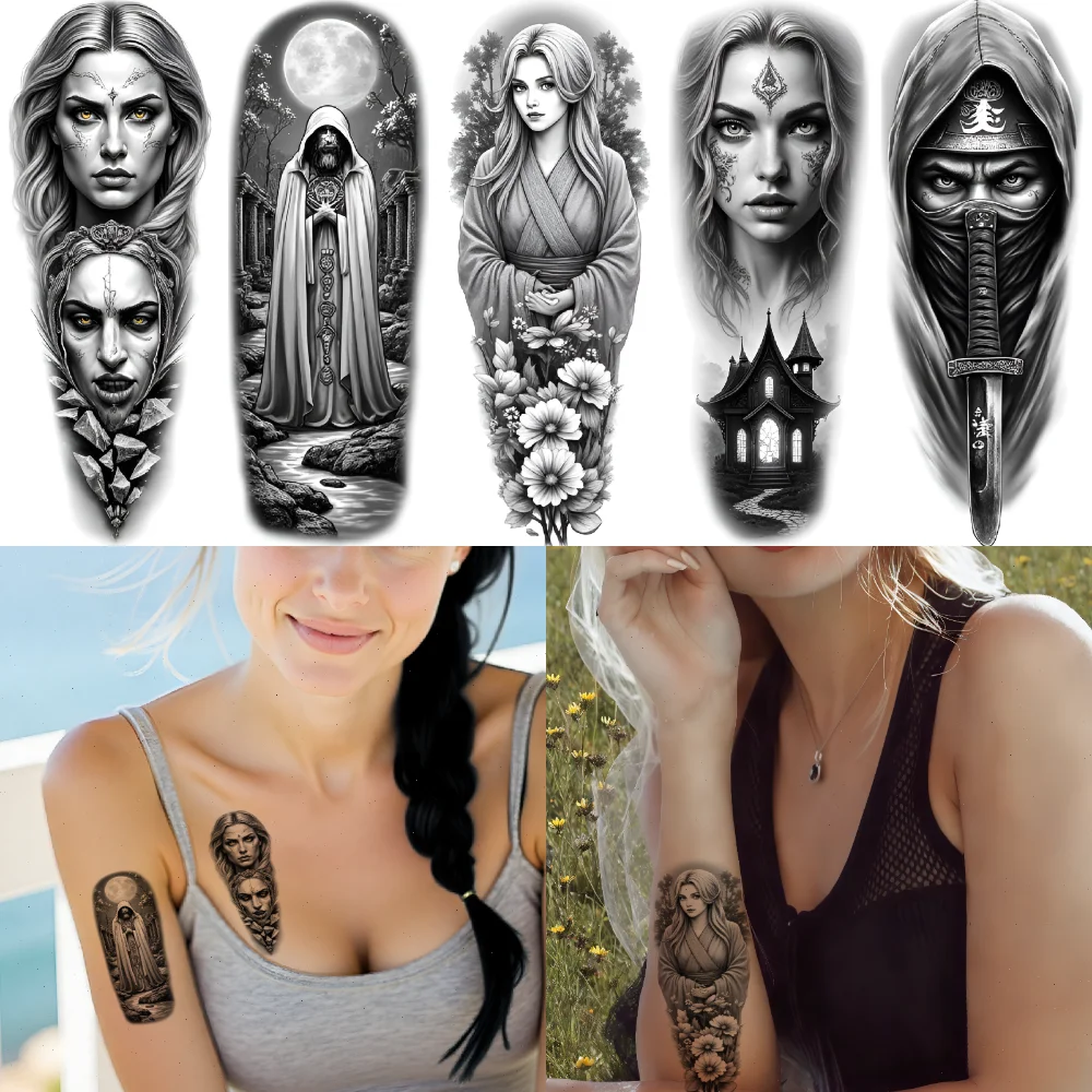 

12pcs Temporary Tattoo Forest Waterproof Long-lasting Body Stickers Goddess Buddha Black And Grey Realism Chief For Women