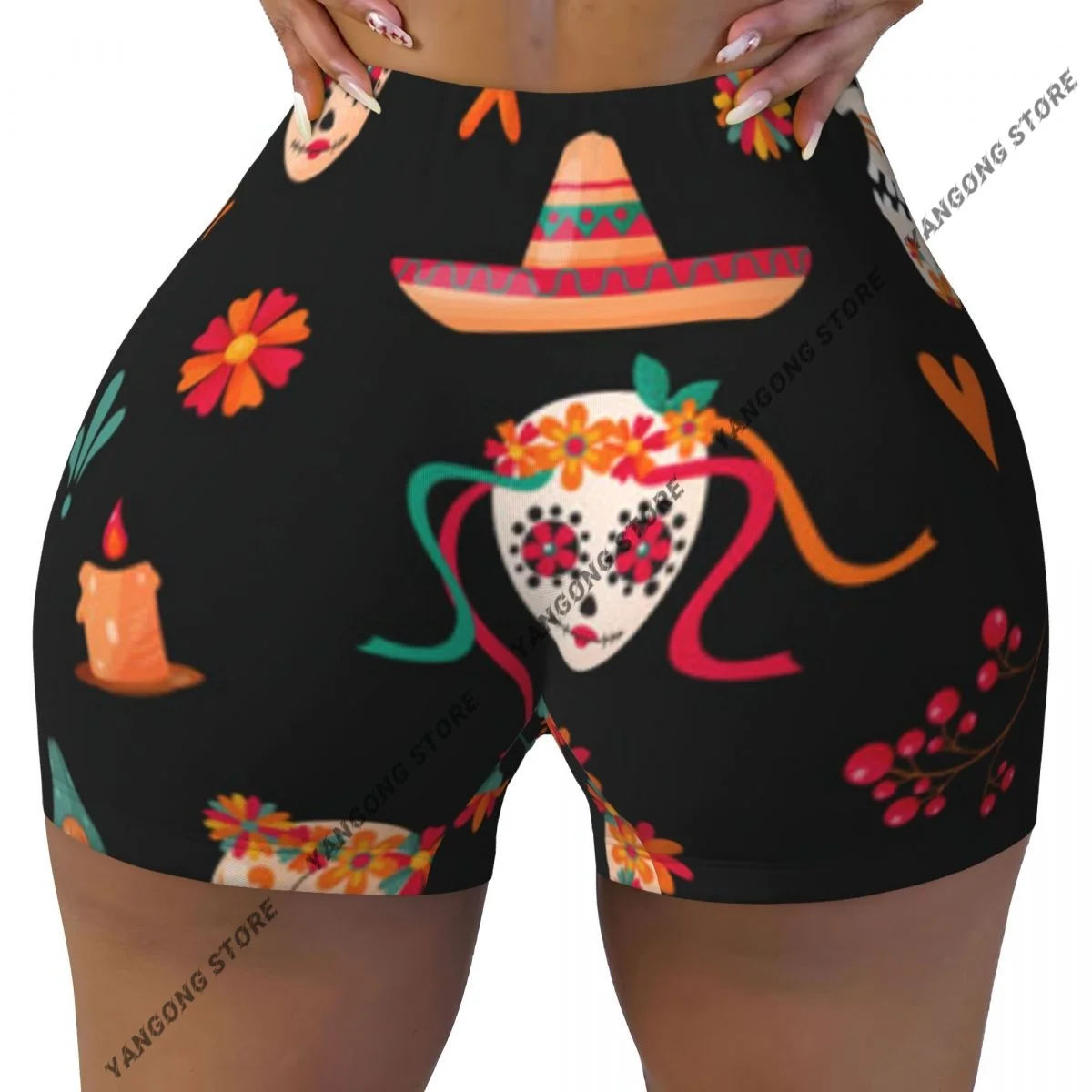 Push Up Short Elasticity Scrunch Butt Sugar Skulls Floral Running Shorts Sports Shorts Womens Clothes Gym