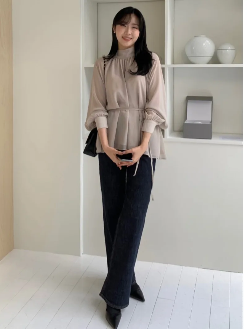 Ele Long Sve irt Damen Chic Early Spring Schlankheitsfliege Stehkragen Bell Sve Pendeln Sle Pure Color irt