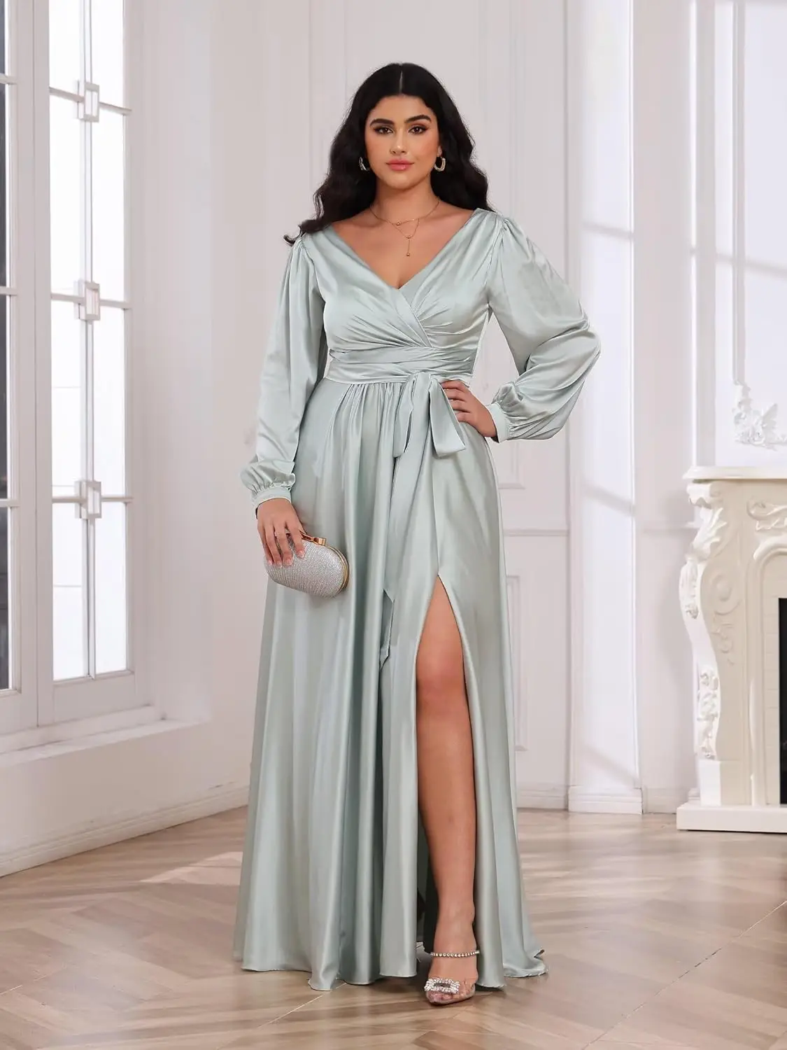فستان وصيفة العروس بأكمام طويلة للنساء 2025 فستان سهرة رسمي من الساتان برقبة على شكل حرف V، مع فتحة طويلة لحفلات الرقص وحفلات الكوكتيل #6