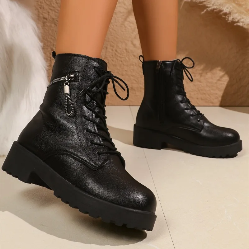 Botas de algodón con tacón de bloque y plataforma para invierno, nuevas botas de tubo corto antideslizantes y resistentes al desgaste con cordones delanteros y punta redonda y cremallera lateral