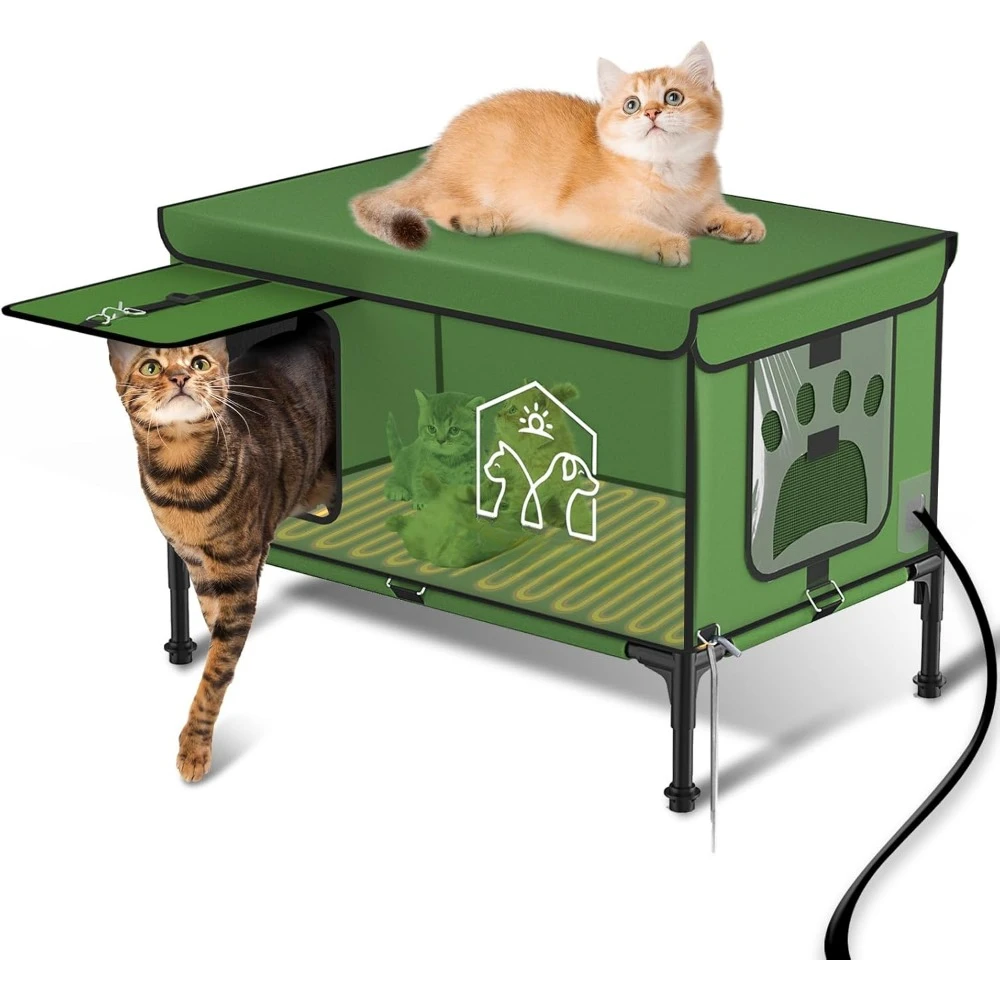 

Green Elevated Heated Cat House Outdoor in Winter,Waterproof, Fully Insulated,Weatherproof Cat Beds for Feral Cat Shelter