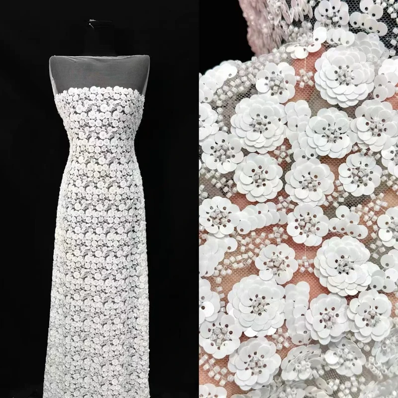 

Bead Tube Sequin Embroidered Lace Tulle Fabric for DIY Sewing Handmade Wedding Dress Clothing Fashion Designer Fabrics Cloth