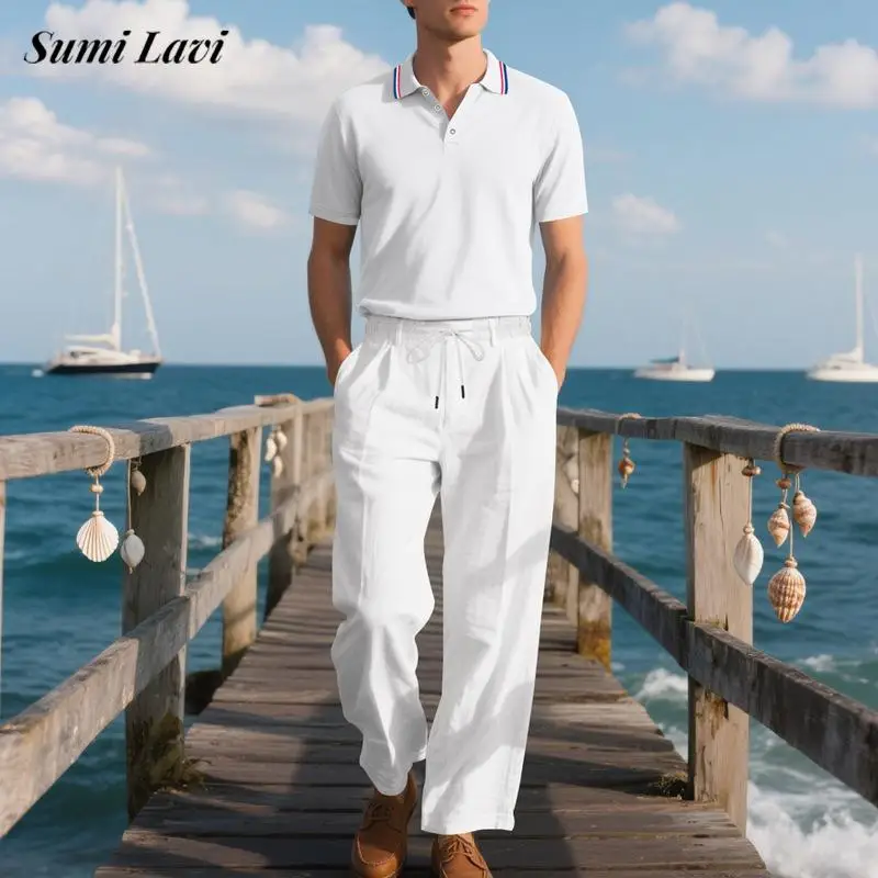 

Daily Casual Mens 2 Pieces Suits 2025 Summer Leisure Short Sleeve Polo Neck Tops And Linen Pants Men Sets Fashion Loose Outfits