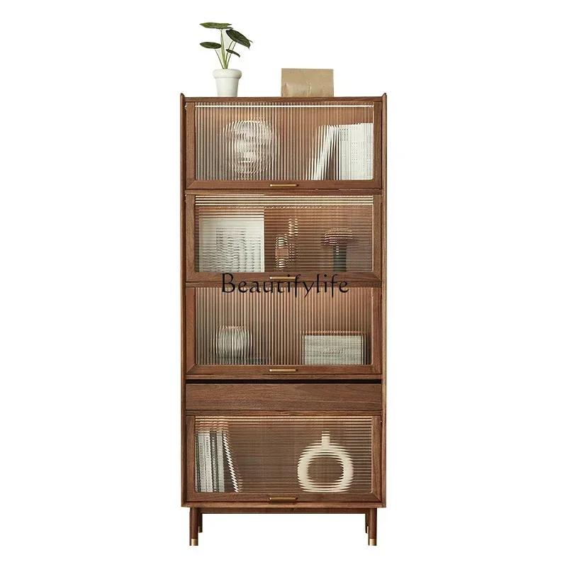 A NEWNordic black walnut bookcase living room solid wood dust glass display storage cabinet
