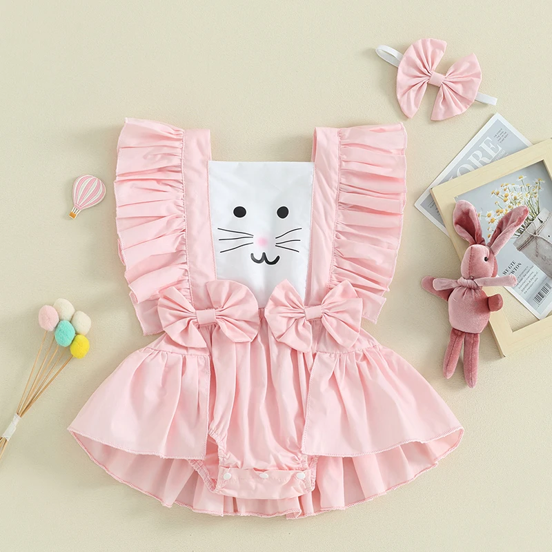 

Baby Girl Easter Romper Flutter Sleeve Bow Front Bunny Print Infant Bodysuit Newborn Outfit