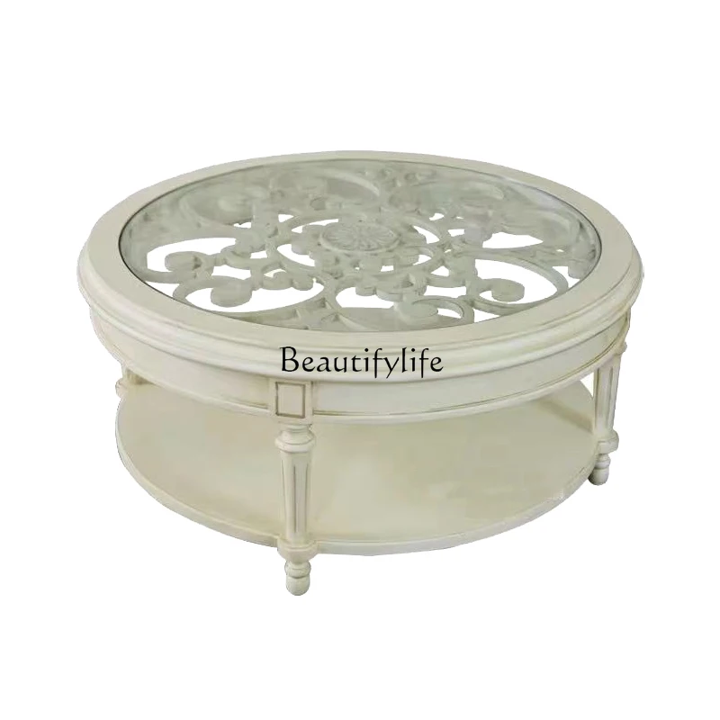 

American light luxury solid wood carved round coffee table small apartment art tea table glass table