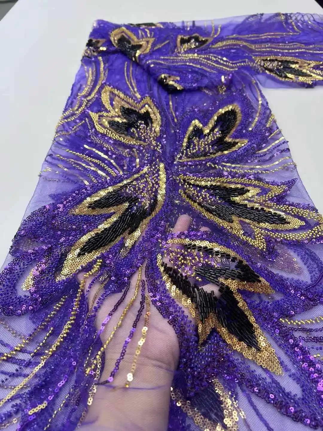 Nigerian Bridal Lace Fabric Beads Sequins French Tulle Wedding Gown & Evening Dress Luxury Embroidery 5Yards Lace - ZX