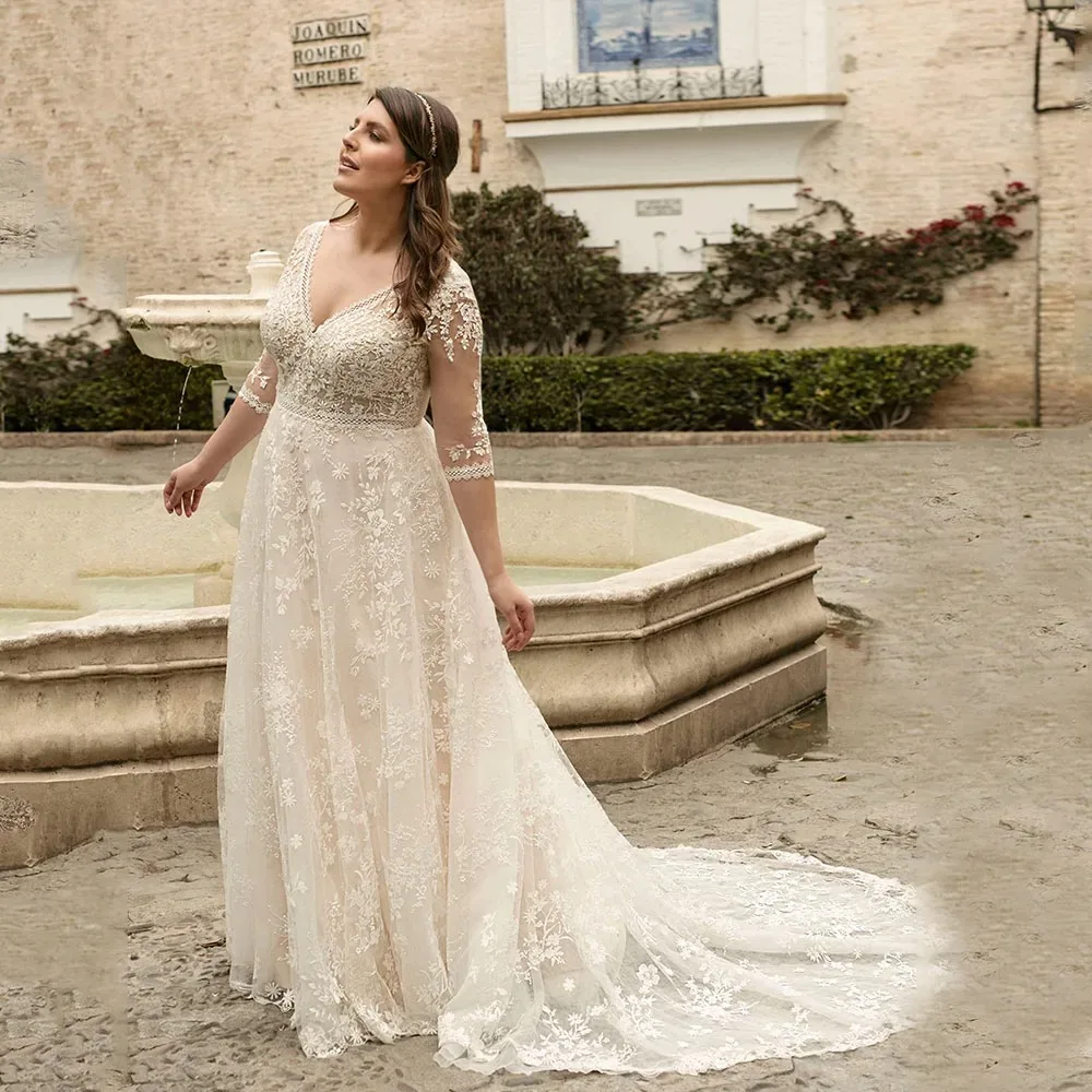 Exquisite Plus Size Wedding Dresses For Women Three Quarter Sleeves Bride Gowns Tulle With Lace Applique A-Line Vestido De Novia