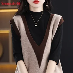 Sleeveless V-Neck Pure Wool Vest Women's 2023 Spring Knitted Pullover Fashion Match Color Cashmere Sweater Vest Loose Fold Top