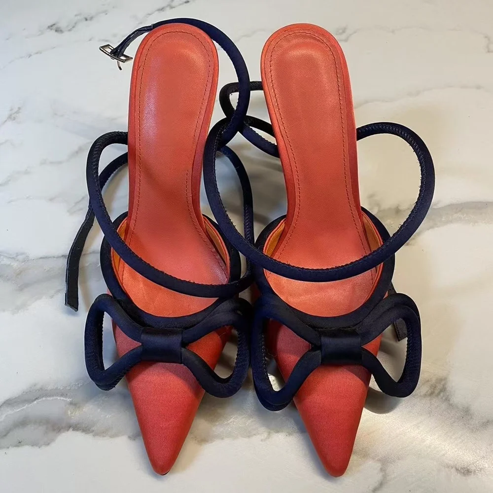 

Elegant Women's Satin Pointed-Toe Slingback Heels Sandals Color Block Bow Detail Wrap-Around Ankle Strap Stiletto Heel