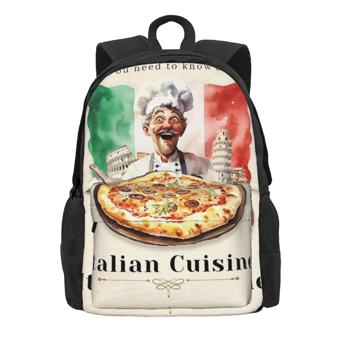 Italian Flag Pizza Backpack Daypack Large Capacity Children BookBag School Bag Shoulder Bags for Men Women