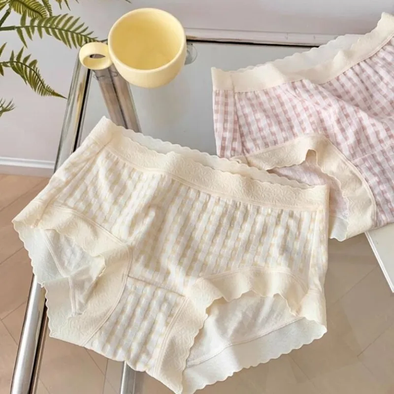 Checkered Mid Waist Pure Cotton Underwear Women Comfortable Buttocks Seamless Lace Edge Antibacterial Pure Cotton Triangle Pants