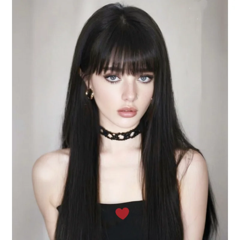 

Women Cosplay Party Gothic Brown Black Long Fringe Straight Hair Full Wig Wigs