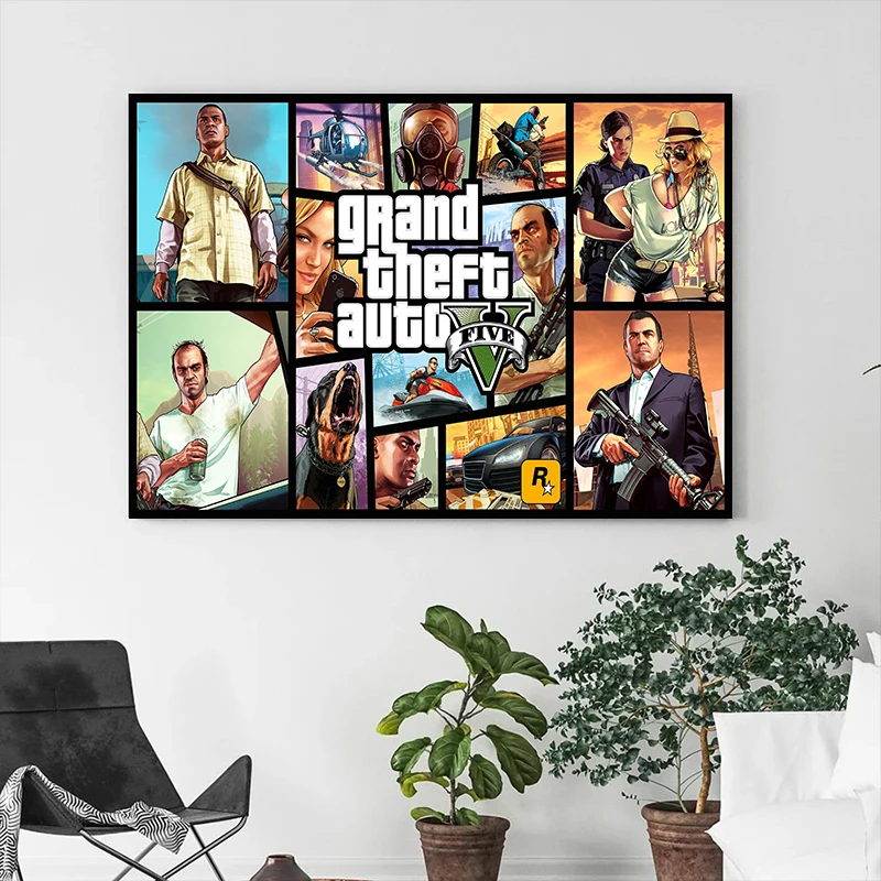 Modern Video Game Grand Theft Auto Poster, Pintura Canvas, GTA 5 Wall Picture, Print for Gamer, Sala de estar, Home Decor, Frameless