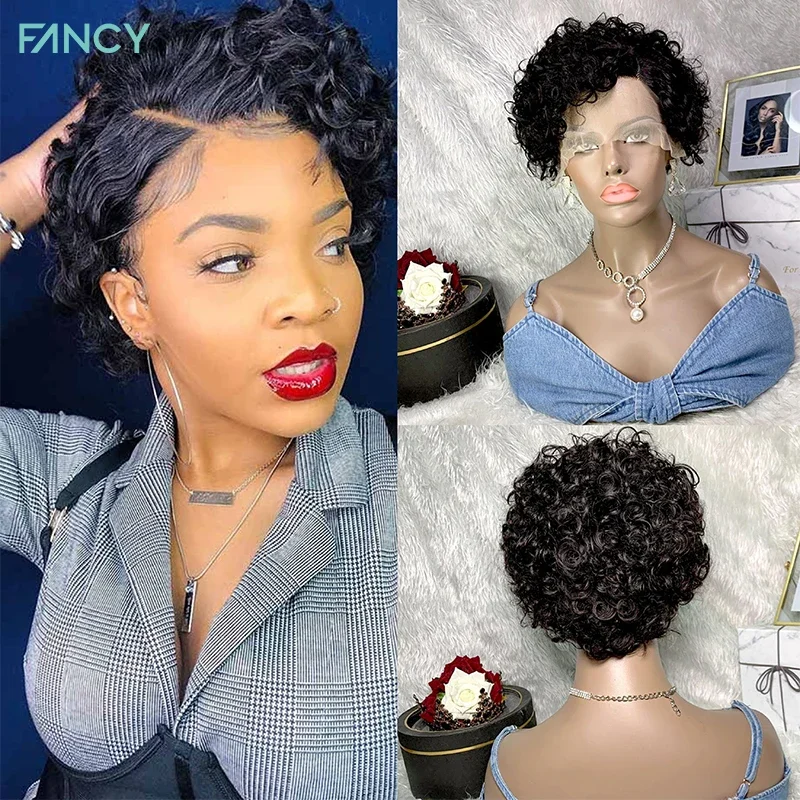 

Short Lace Front Wig Nature Brazilian Curly Human Hair Wigs Part Lace Wig Pixie Cut Human Hair Wigs for Black Women 150 Density