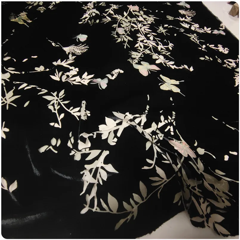 Black Background Butterfly Hollow-out SilkBase Fabric Silk Velvet Mulberry Dress Material for Sewing Tailor