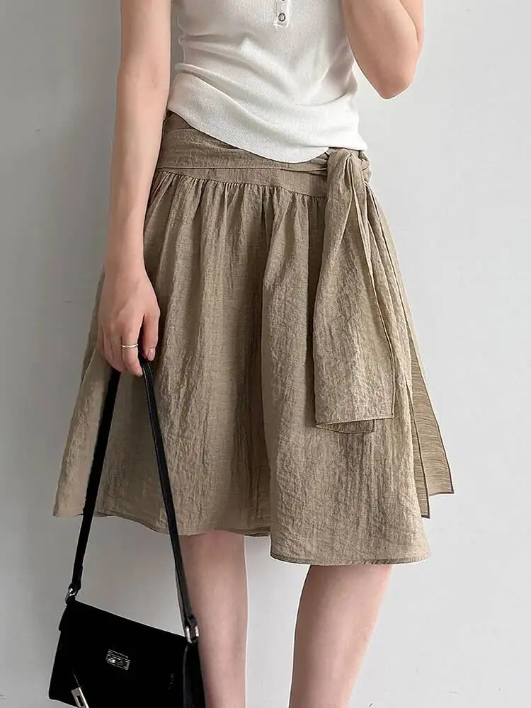 High Elastic Waist Khaki Textured Bandage Knee-Length A-line Half-body Skirt Women Fashion New Spring Summer