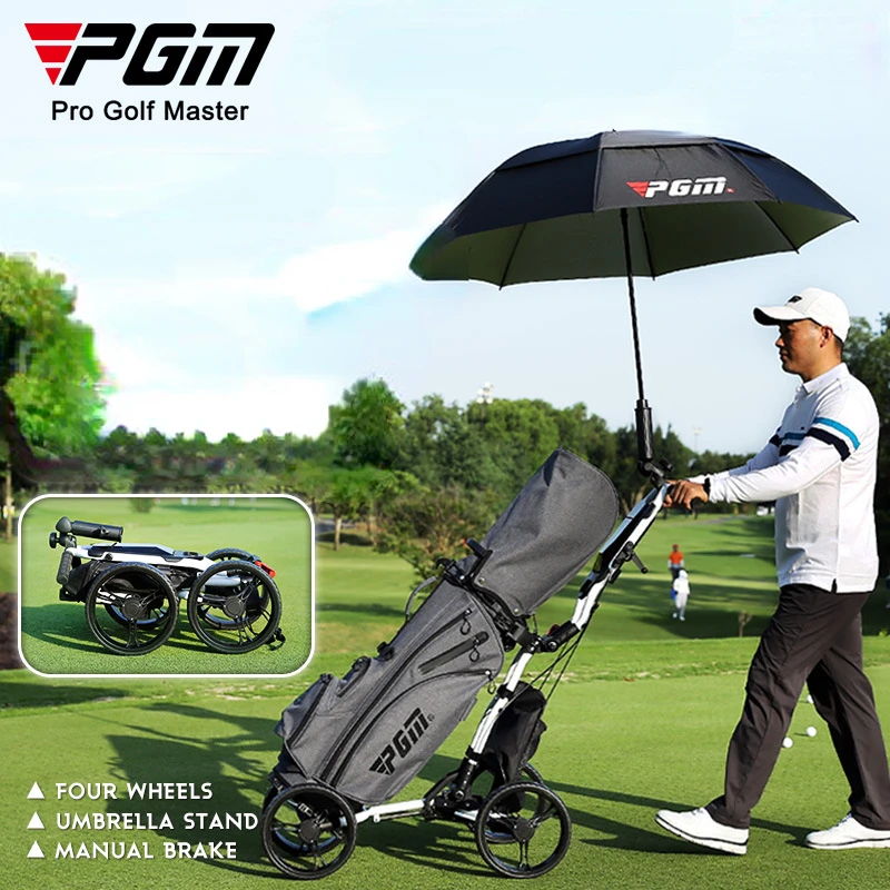 PGM Foldable Golf Bag Cart Four Wheels Aluminium Alloy Trolley with Umbrella Holder Bottle Cage Fixing Rope Manual Brake QC005