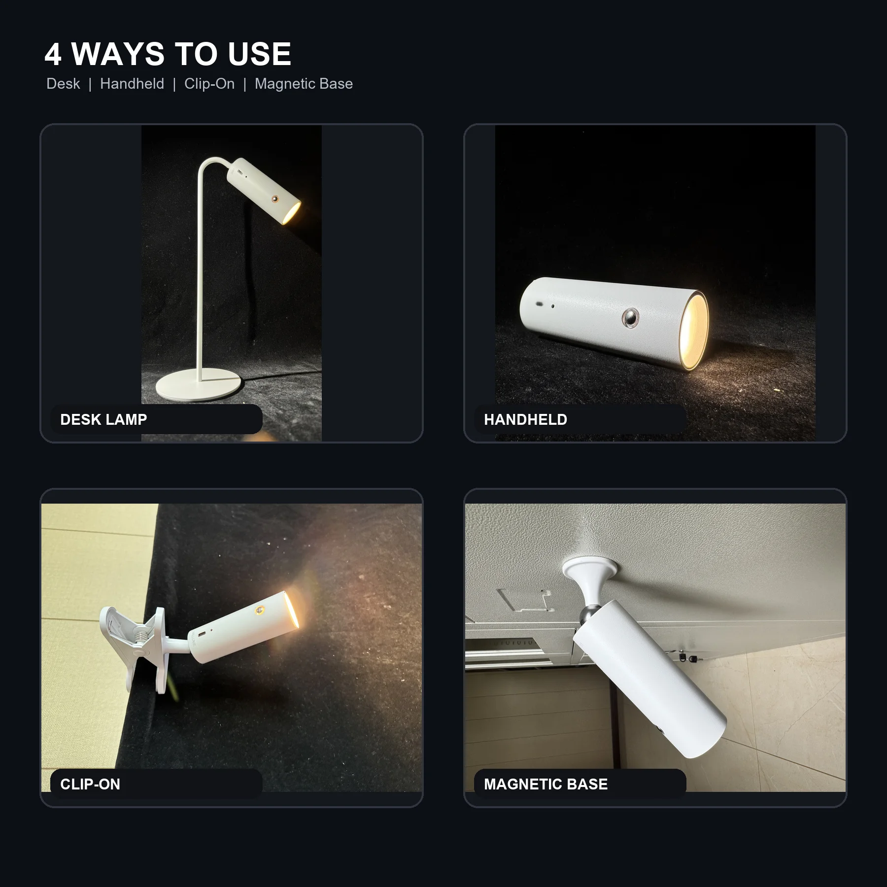 Rechargeable 4-in-1 LED Desk Lamp, Detachable Handheld Portable Clip-On Magnetic Base Light, Touch Control, USB-C Charging