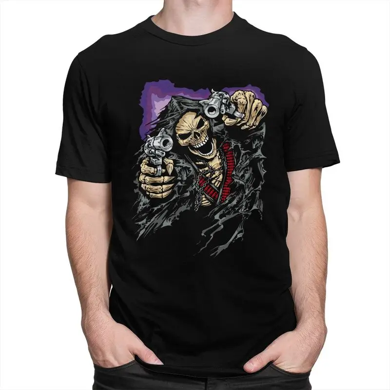 Custom Anime Skull Shooting T Shirt for Men Tshirt Fashion Tees Short Sleeve Death Grim Reaper T-shirts Slim Fit Clothing