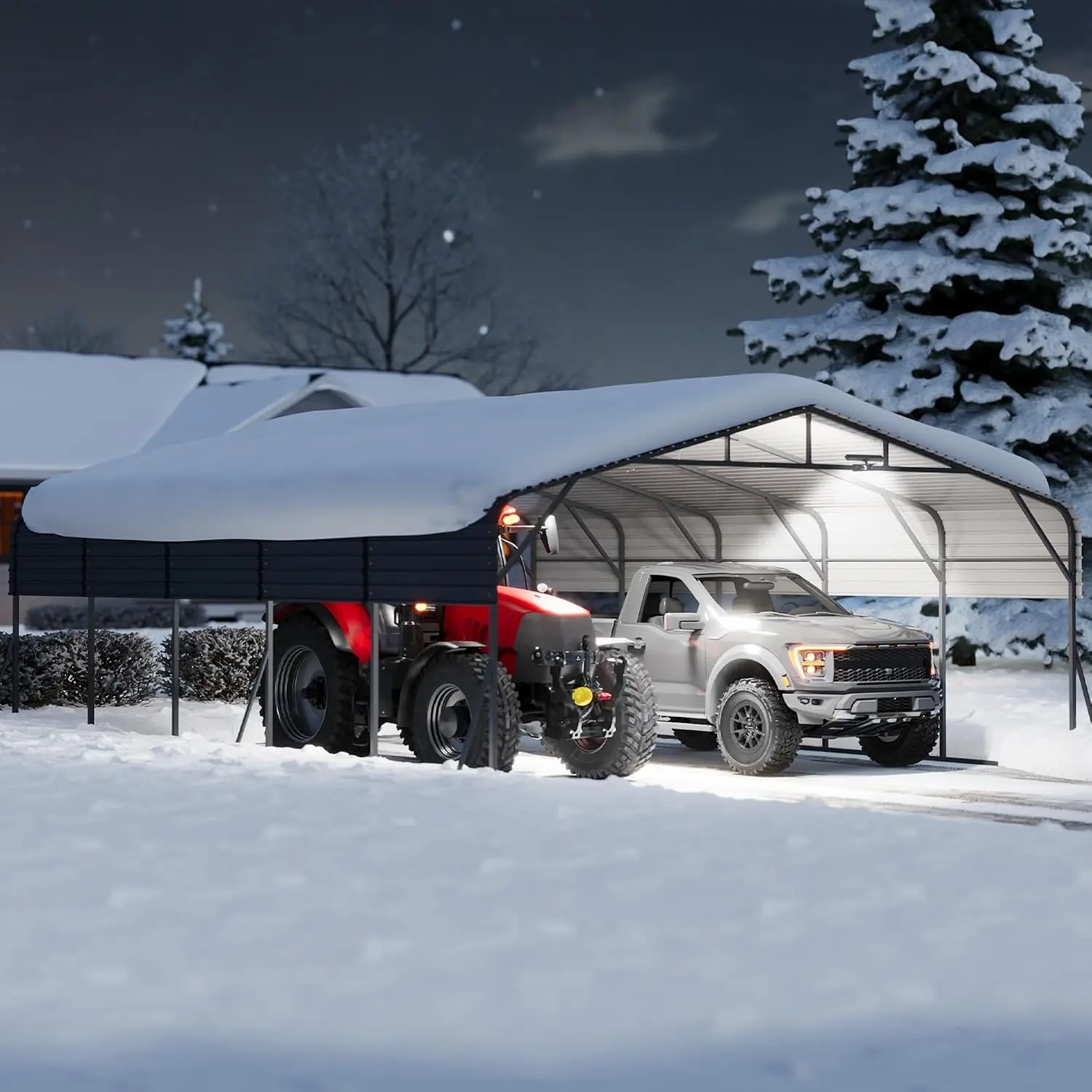 20x24 FT Metal Carport with Solar LED & Dark Gray Roof, Customized