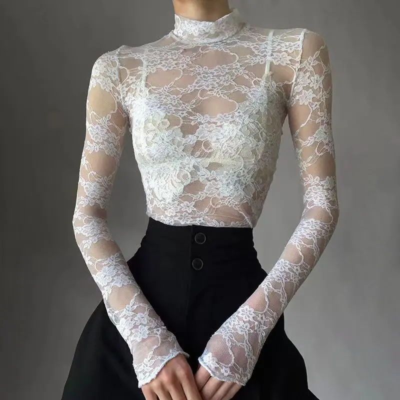 Sexy Lace Half-High Neck Top Lightweight See-Through Crochet Slim Fitted T-Shirt Long-Sleeve Women's Sun Protection Shirt