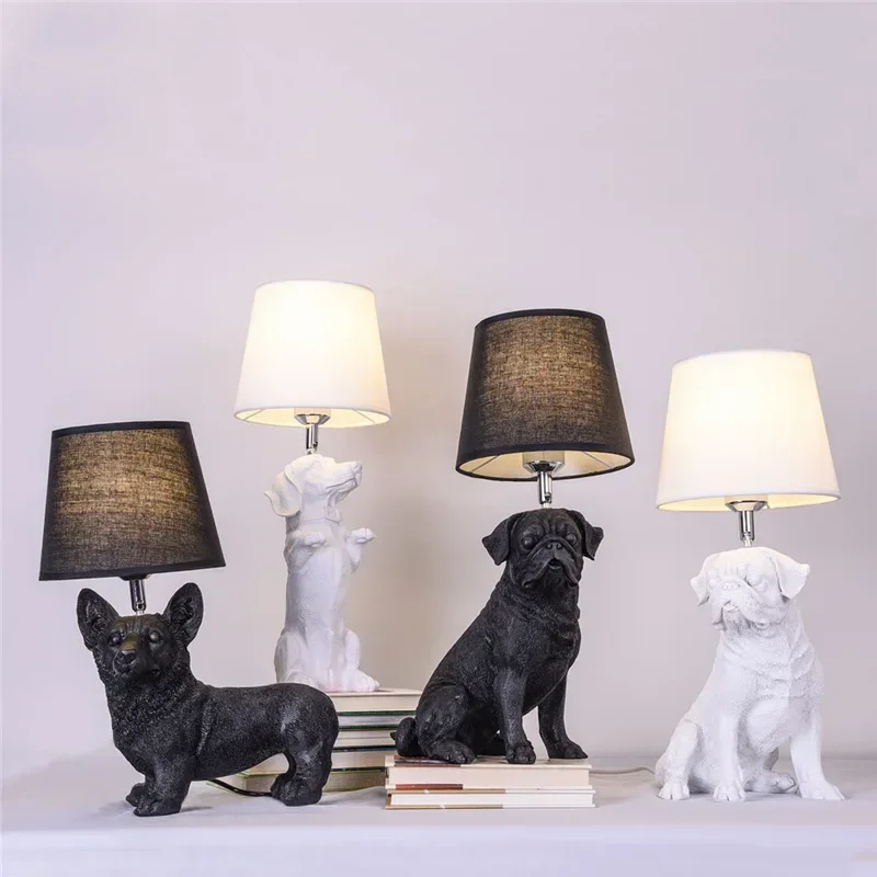 Nordic Danish Retro Puppy Table Lamp Bedroom Bedside Lamps Living Study Desk Light Children's Room Resin Lighting Decor Fixture