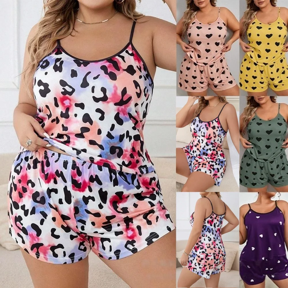 Plus Size Women'S Adjustable Strap Cami Shorts Pajama Set, Breathable Polyester Loungewear For Sleep And Casual Daily Wear