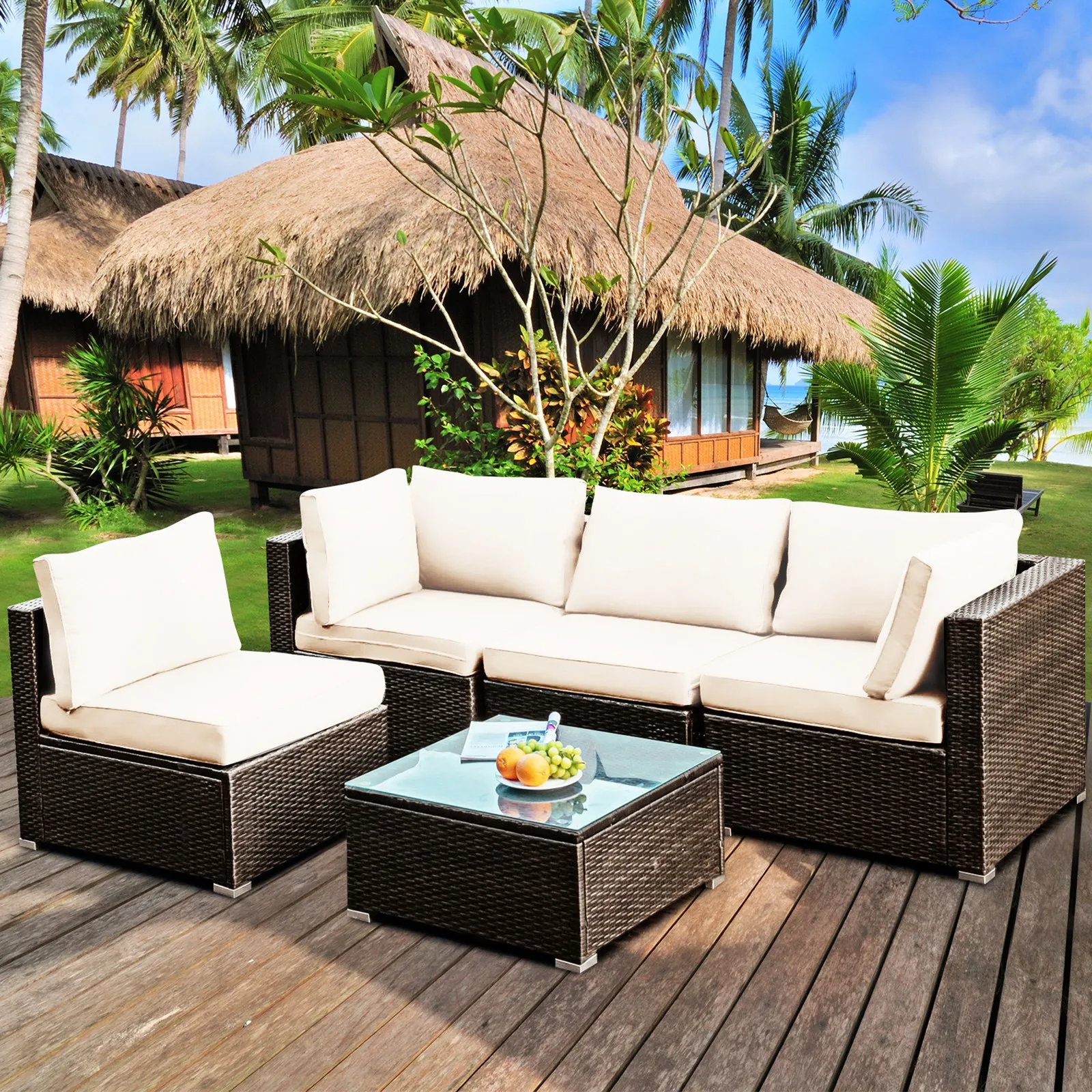 

5PCS Rattan Patio Conversation Set Sofa Furniture Set w/ White Cushions