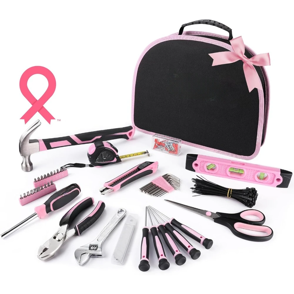 

Pink Toolkit - 236 pieces of pink tool set, easy-to-carry round bag, home toolkit, home maintenance - Pink ribbon