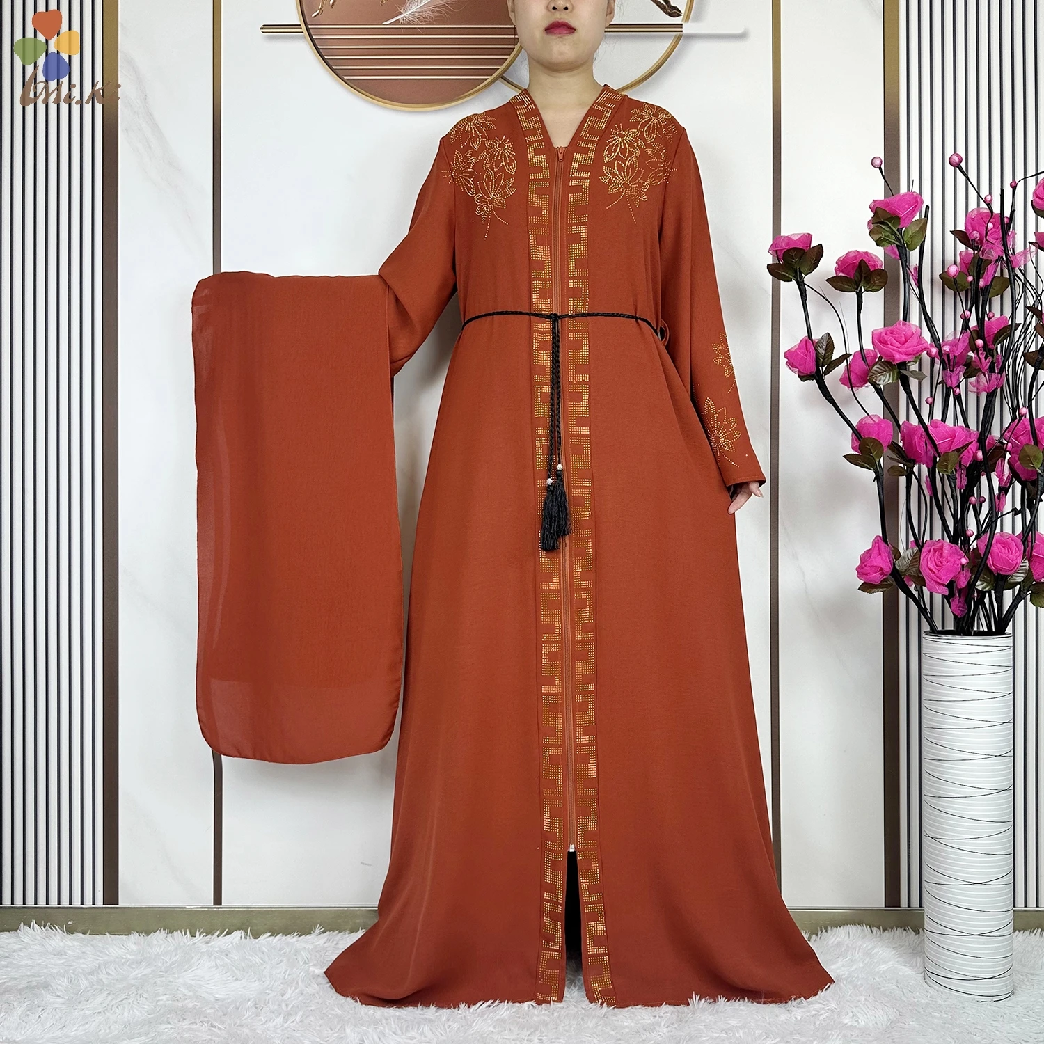 Muslim Women Open Zipper Prayer Robe Gold Hot Diamond Chiffon Material Robe African Abaya Women Cardigan Robe Dubai Clothing