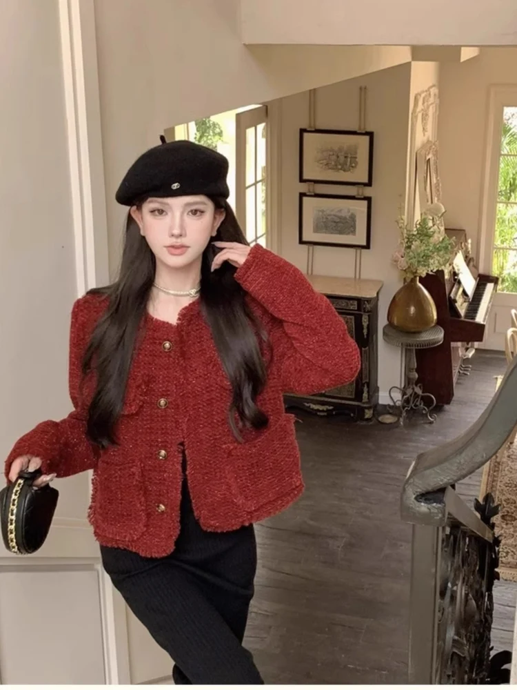 Elegant Red Tweed Short Coat Women's Fashion Luxury Style Winter Outerwear Button Closure Long Sleeve Straight Cut Ladies' Top