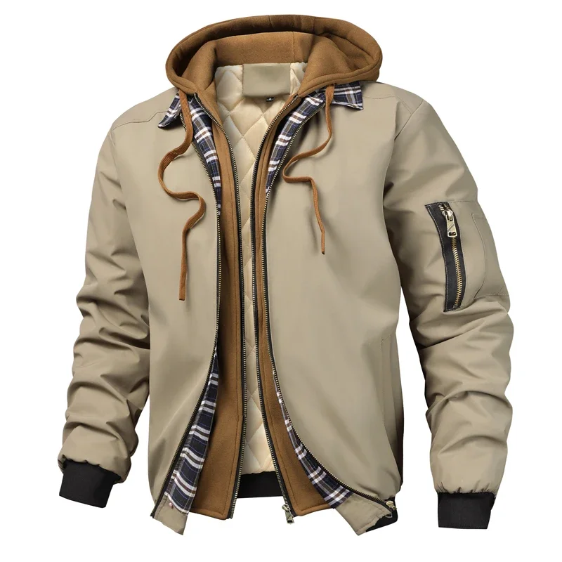 

New Men's Quilted Hooded Jacket Fake Two-Piece Casual Coat for Spring Autumn Winter Streetwear