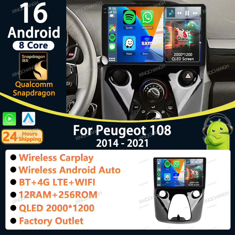 Autoradio Android 16 Carplay Auto pour Peugeot 108 pour Toyota Aygo B40 2014 - 2021 Navigation GPS Unité principale 4G WIFI BT QLED 2DIN