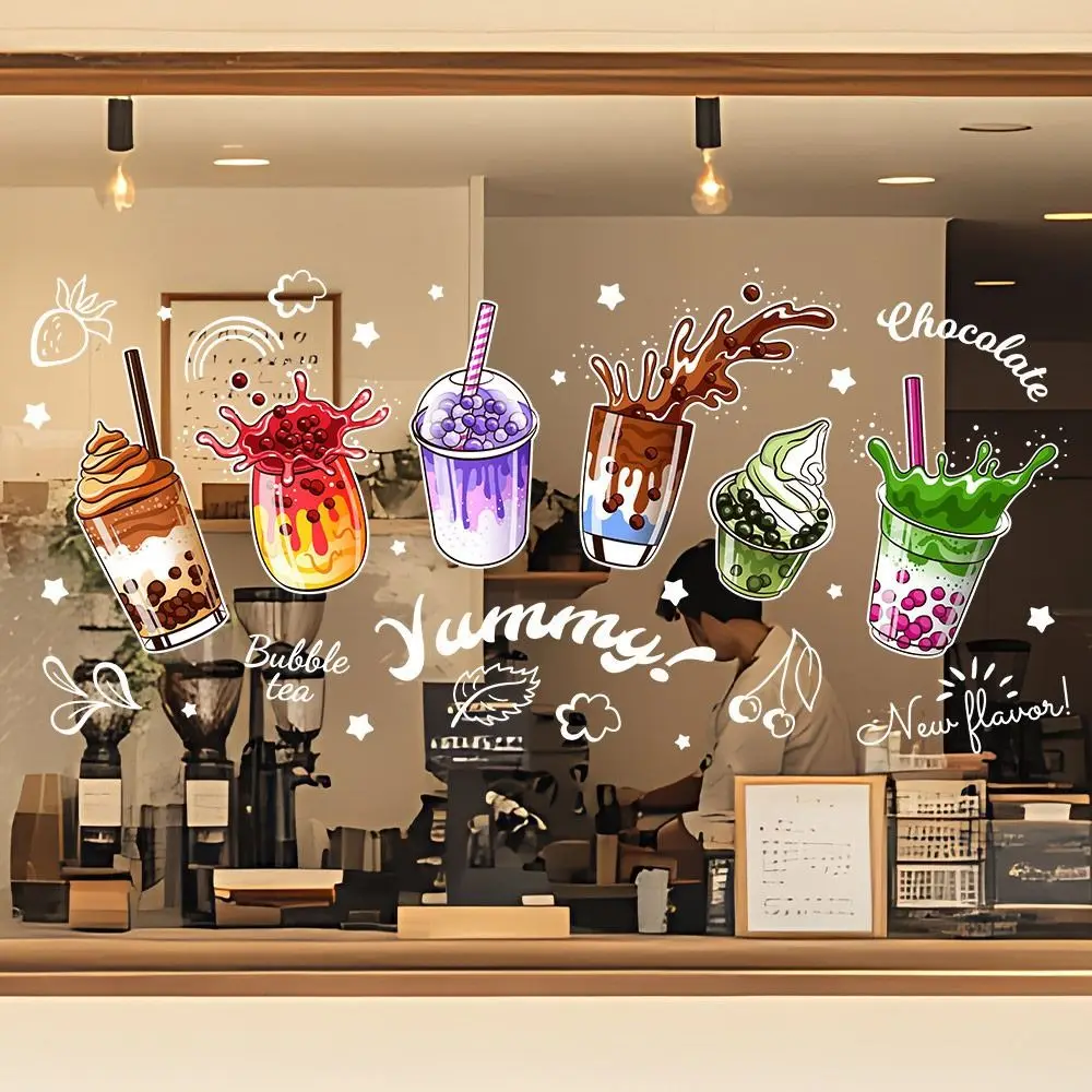 New Multicolor Shopwindow Stickers Cartoon Ice Cream Bread Static Window Sticker Milk Tea Cup Glass Door Decals Cafe Bread Shop