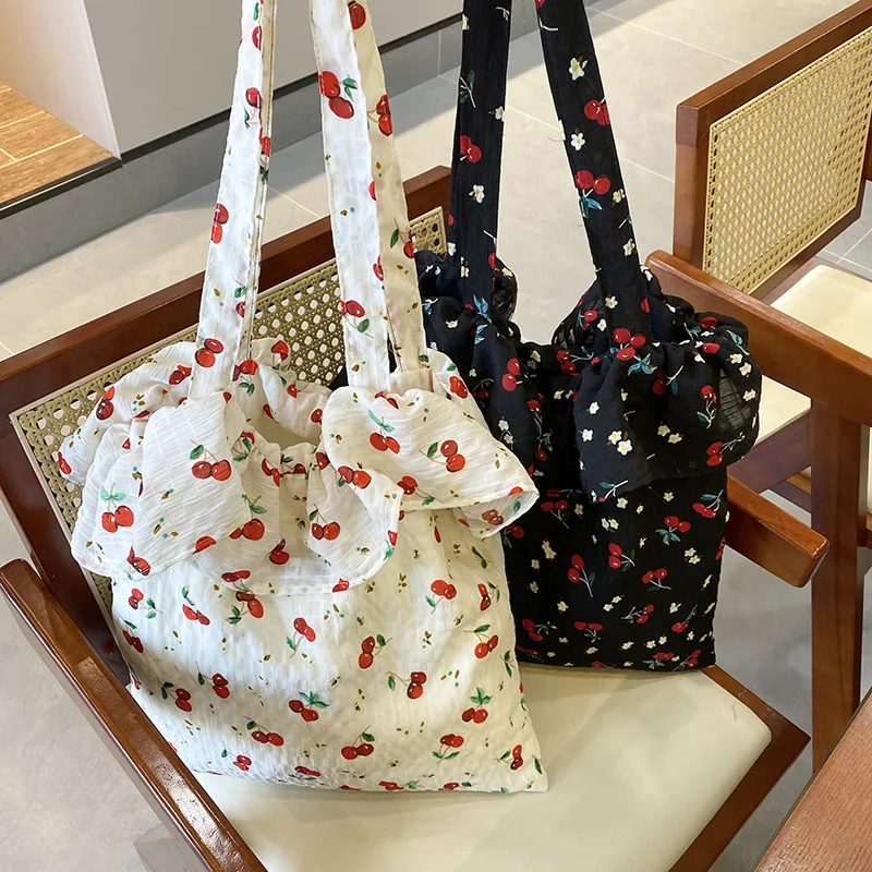 

Summer Cherry Flower Large Capacity Shoulder Bag Women New Girls Chiffon Ruffle Bag