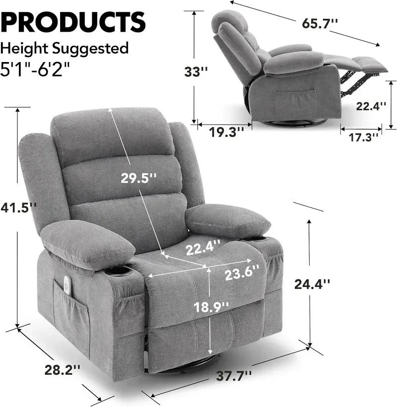 360° Lazy Boy Recliner Single Sofa Seat Oversized Rocker Recliner Chair with Heat and Massage